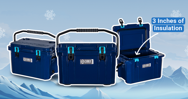 Three pictures of the Quadra X cooler by Cubix Outdoors against winter mountains